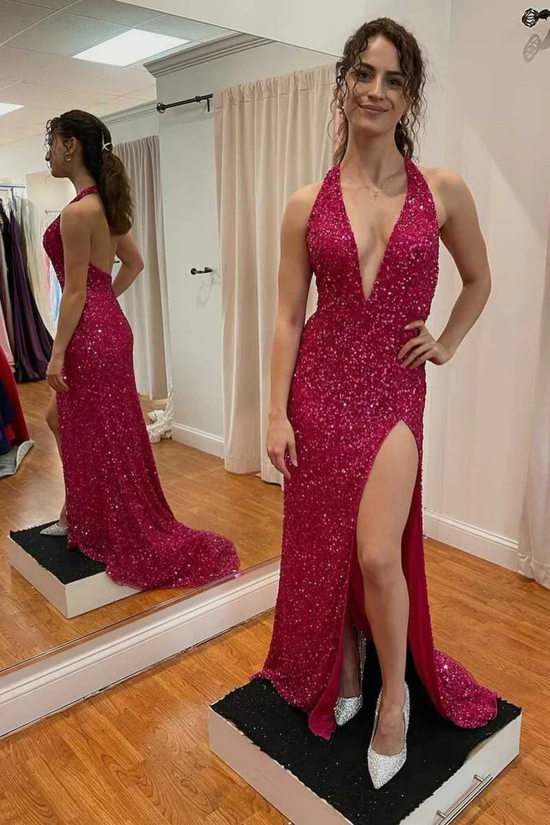 Vestido de fiesta con escote en V profundo, lentejuelas, cuello halter, espalda descubierta y abertura lateral